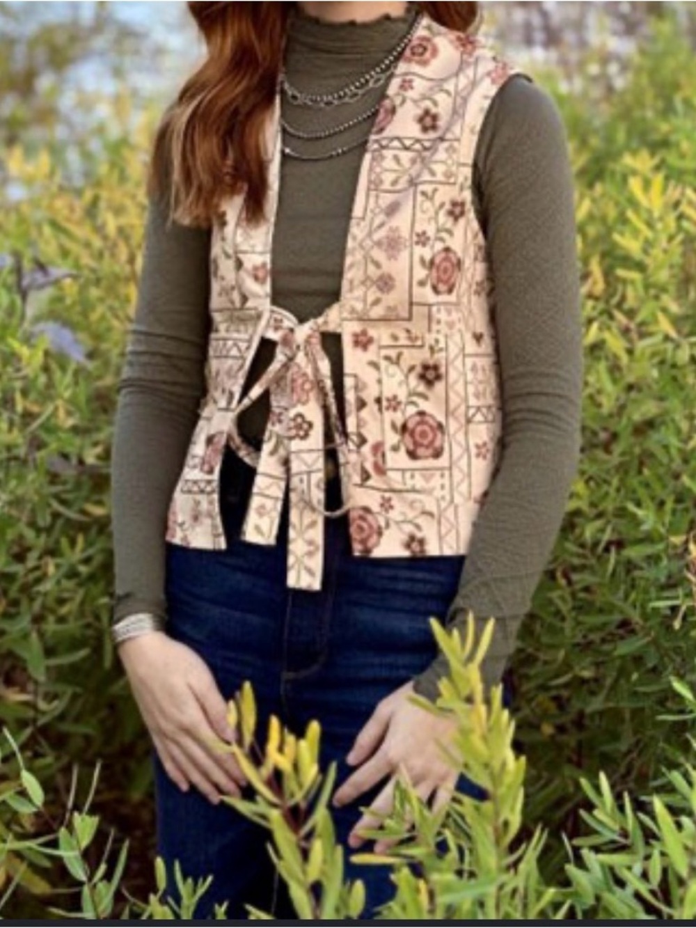 Altar'd State Cream Floral Tie-Front Vest